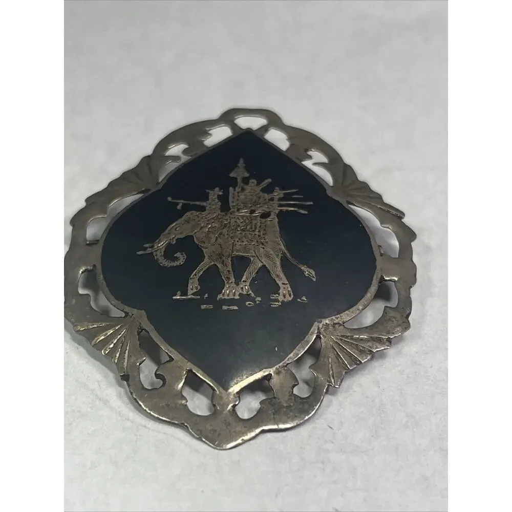 vintage sterling silver 925 Siam Brooch Black Enamel Inlay Elephant Pictured
